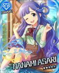  asari_nanami blue_eyes blue_hair blush character_name dress idolmaster idolmaster_cinderella_girls long_hair smile stars wink 