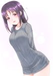 1girl arms_behind_back breasts frapowa heart kazuno_sarah large_breasts love_live! love_live!_school_idol_project purple_hair red_eyes smile solo sweater white_background