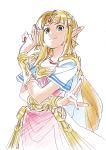  artist_request blonde_hair blue_eyes bracer circlet dress earrings forehead_jewel gown highres jewelry long_hair looking_at_viewer nintendo pointy_ears princess_zelda super_smash_bros. the_legend_of_zelda the_legend_of_zelda:_a_link_between_worlds tiara triforce tunic 