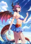  1girl absurdres bandage bandaged_arm bandages bikini blue_bikini blue_sky breasts c_(pixiv3064042) choker closed_mouth clouds day dragon_girl dragon_horns dragon_tail dragon_wings flower granblue_fantasy grea_(shingeki_no_bahamut) highres horns large_breasts looking_at_viewer medium_breasts partially_submerged pointy_ears purple_hair red_eyes shingeki_no_bahamut short_hair sideboob sky solo standing sunlight swimsuit tail water wet white_choker wings 