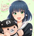 1girl :d black_hair blush character_name dated eyebrows_visible_through_hair green_background green_eyes hachigatsu_no_cinderella_nine happy_birthday highres holding holding_stuffed_animal looking_at_viewer open_mouth petals school_uniform short_hair simple_background smile solo stuffed_animal stuffed_toy suzuki_waka teddy_bear upper_body 