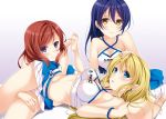  3girls ayase_eli bangs bare_shoulders barefoot blonde_hair blue_eyes blue_hair blush breasts commentary_request earrings eyebrows_visible_through_hair feet hair_between_eyes hair_down hand_on_another&#039;s_head highres hino_minato_(spec.c) jewelry lap_pillow long_hair looking_at_viewer love_live! love_live!_school_idol_project lying medium_breasts midriff multiple_girls navel nishikino_maki on_back racequeen redhead seiza short_hair simple_background sitting skirt sonoda_umi violet_eyes white_background yellow_eyes 