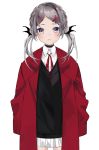  1girl asano_(tomoli_t) braid frown grey_hair hair_ornament hairclip jacket looking_at_viewer medium_hair original pink_eyes red_jacket simple_background skirt sleeves_past_fingers sleeves_past_wrists standing twintails white_background white_skirt 