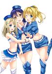  3girls ayase_arisa ayase_eli bangs blonde_hair blue_eyes blue_hair blue_scrunchie blue_skirt blush boots earrings eyebrows_visible_through_hair hair_between_eyes hair_ornament hairclip hand_on_another&#039;s_hip hand_on_another&#039;s_shoulder hat highres hino_minato_(spec.c) hug jewelry leg_up long_hair looking_at_viewer love_live! love_live!_school_idol_project midriff multiple_girls navel non-web_source one_eye_closed open_mouth ponytail sandwiched scan scrunchie simple_background skirt skirt_tug sonoda_umi thigh-highs thigh_boots white_background yellow_eyes 