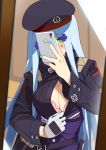  1girl beret blue_nails bra breasts cellphone cleavage commentary facial_mark girls_frontline gloves green_eyes hat highres hk416_(girls_frontline) holding holding_cellphone holding_phone jacket large_breasts long_hair long_sleeves looking_at_viewer mirror nail_polish ningen_(ningen96) phone silver_hair solo underwear upper_body white_gloves 