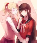  2girls ahoge akamatsu_kaede alternate_hairstyle artist_name bangs black_hair blonde_hair blush breasts dangan_ronpa dot_nose eyebrows_visible_through_hair hair_ornament hair_scrunchie hairclip harukawa_maki heart highres holding long_hair long_sleeves mole mole_under_eye multiple_girls musical_note necktie new_dangan_ronpa_v3 one_eye_closed plaid plaid_skirt pleated_skirt ponytail red_eyes red_scrunchie school_uniform scrunchie serafuku shirt skirt small_breasts smile spoken_blush spoken_musical_note tokilos yuri 