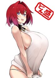  1girl ange_katrina bare_shoulders breasts commentary commentary_request hair_intakes hip_focus huge_breasts looking_at_viewer looking_up nijisanji nuezou open_mouth redhead round_teeth shirt_pull short_hair sideboob simple_background smile solo teeth thighs translated violet_eyes white_background 