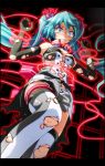  1girl aqua_eyes aqua_hair armpits arms_up bare_shoulders bdsm black_gloves blush bondage bound bound_arms breasts breasts_apart burnt_clothes clenched_teeth elbow_gloves from_below gloves grey_shorts hair_ribbon hatsune_miku high_collar highres knee_up laser long_hair looking_down medium_breasts nijigen_dream_fever_(vocaloid) nose_blush pink_ribbon project_diva_(series) restrained ribbon scared shirt shorts sleeveless sleeveless_shirt solo sweat teeth thigh-highs thigh_strap torn_clothes torn_gloves torn_legwear torn_shirt torn_shorts tsukishiro_saika very_long_hair vocaloid w_arms white_legwear wide-eyed 