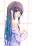  1girl :o bangs bare_shoulders black_hair blue_eyes breasts covering covering_breasts from_side highres large_breasts long_hair long_sleeves looking_at_viewer looking_to_the_side no_bra off_shoulder original parted_lips pasdar shirt sidelocks solo upper_body white_shirt 