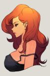  1girl bare_shoulders black_eyes breasts brown_hair cropped_torso erect_nipples eyeshadow grey_background hankuri large_breasts long_hair lupin_iii makeup mine_fujiko no_bra profile sad simple_background solo strap_slip upper_body 