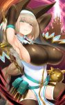  1girl :d armpits arms_behind_head arms_up bare_shoulders blue_eyes blush bombergirl breasts brown_hair cowboy_shot eyebrows_visible_through_hair halterneck highres huge_breasts long_hair looking_at_viewer nun open_mouth ribbed_sweater sepia_belmondo smile solo sweater unizou 