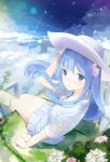  1girl ama_mitsuki bangs blue_eyes blue_hair blue_sky blush closed_mouth clouds cloudy_sky commentary_request day dress emori_miku emori_miku_project eyebrows_visible_through_hair flower frilled_dress frills from_above grass hair_flower hair_ornament hat highres long_hair looking_at_viewer looking_up outdoors short_sleeves sitting sky solo very_long_hair white_dress white_headwear 