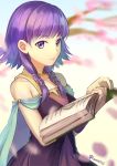  1girl ane-suisei bare_shoulders book cape closed_mouth dress fire_emblem fire_emblem:_seima_no_kouseki holding holding_book lute_(fire_emblem) nintendo open_book purple_hair sleeveless sleeveless_dress solo twintails twitter_username upper_body violet_eyes 