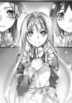  3girls abec alice_schuberg apron greyscale hair_intakes hairband highres long_hair looking_at_viewer monochrome multiple_girls novel_illustration official_art ronye_arabel short_hair smile split_screen sword_art_online tears tiese_schtrinen wing_collar 