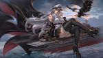  1girl aircraft_carrier american_flag_tattoo azur_lane bald_eagle belt bird black_belt black_coat coat collared_shirt eagle enterprise_(azur_lane) eyebrows_visible_through_hair hat high_heels highres junqi_mu lips military military_hat military_vehicle miniskirt ocean open_clothes open_coat peaked_cap ship shirt silver_hair skirt sleeveless sleeveless_shirt solo underbust violet_eyes warship watercraft white_headwear 