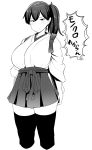  1girl greyscale hakama hakama_skirt highres japanese_clothes kaga_(kantai_collection) kantai_collection looking_at_viewer monochrome ryuun_(stiil) side_ponytail solo thigh-highs translation_request 