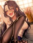  1girl alcohol arm_up armpits beer black_legwear blouse blue_skirt blush breasts can cup drunk feet half-closed_eyes holding holding_can holding_cup indoors knee_up large_breasts long_hair looking_at_viewer mole mole_under_mouth morino_bambi no_shoes open_mouth original pantyhose purple_hair reclining skirt sleeveless_blouse solo toes violet_eyes wavy_hair white_blouse 