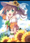  1girl absurdres arm_up blurry blurry_background blush brown_hair clouds collarbone flower grass green_eyes hair_between_eyes hair_flower hair_ornament hat highres hololive looking_at_viewer medium_hair midriff natsuiro_matsuri navel number okota_mikan open_mouth sky solo straw_hat sunflower sunflower_hair_ornament virtual_youtuber 