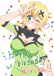  1girl akatsuki_kirika birthday blonde_hair blush breasts character_name cleavage cleavage_cutout commentary_request confetti english_text eyebrows_visible_through_hair green_eyes green_shirt hair_between_eyes hair_ornament happy_birthday heart highres looking_at_viewer medium_breasts one_eye_closed parted_lips senki_zesshou_symphogear shiny shiny_hair shiny_skin shirt short_hair short_sleeves smile sukeberosu teeth upper_body v x_hair_ornament 