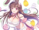  1girl :d animal_ears apron bare_shoulders blush breasts brown_hair bunny_hair_ornament cleavage collarbone commentary_request crop_top detached_collar detached_sleeves erect_nipples floating_hair frilled_cuffs frilled_skirt frills hair_ornament half_updo large_breasts long_hair looking_at_viewer maid maid_apron maid_headdress midriff miniskirt naruse_mamoru navel neck_ribbon open_mouth original pink_skirt puffy_short_sleeves puffy_sleeves rabbit_ears red_eyes red_neckwear ribbon short_sleeves sidelocks skirt smile solo stomach upper_body very_long_hair waist_apron wrist_cuffs x_hair_ornament 
