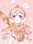  1girl blonde_hair check_copyright clouds commentary_request flower flower_on_head hanataro_(sruvhqkehy1zied) heart heart-shaped_pupils leaning_forward long_hair long_sleeves looking_at_viewer orange_eyes original pink_background pink_flower solo symbol-shaped_pupils tongue tongue_out valentine very_long_hair 
