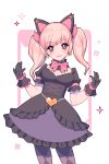  1girl alternate_costume alternate_hairstyle animal_ears argyle argyle_legwear black_cat_d.va black_dress black_gloves blonde_hair bodice bow bowtie breasts cat_ears cleavage contrapposto cowboy_shot d.va_(overwatch) dress earrings ennn eyelashes frilled_dress frills gloves hair_bow hands_up hat heart heart_earrings highres jewelry looking_at_viewer medium_breasts medium_hair open_mouth overwatch pantyhose pink_bow pink_eyes puffy_short_sleeves puffy_sleeves short_sleeves small_hands smile solo sparkle twintails white_background wrist_bow 