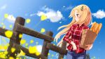  1girl ame. azur_lane bag baguette bangs black_ribbon blonde_hair blue_pants blue_sky blurry blurry_foreground blush bread cleveland_(azur_lane) closed_mouth clouds collared_shirt commentary_request day denim depth_of_field dress_shirt eyebrows_visible_through_hair fence flower food grocery_bag hair_ribbon holding holding_bag jeans long_hair looking_away looking_to_the_side one_side_up outdoors pants paper_bag petals plaid plaid_shirt profile red_eyes red_shirt ribbon shirt shopping_bag sky smile solo very_long_hair wind yellow_flower 