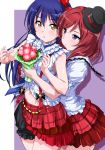  2girls bangs black_bow black_headwear blue_hair blush bokura_wa_ima_no_naka_de bouquet bow commentary_request cowboy_shot eyebrows_visible_through_hair flower frills hair_between_eyes hat highres holding holding_bouquet hug hug_from_behind long_hair looking_at_another love_live! love_live!_school_idol_project mini_hat mini_top_hat multiple_girls navel necktie nishikino_maki plaid plaid_skirt puffy_short_sleeves puffy_sleeves red_skirt redhead shirt short_sleeves simple_background skirt sonoda_umi striped striped_neckwear suspender_skirt suspenders top_hat violet_eyes white_shirt yellow_eyes 