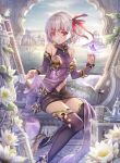  1girl armlet bangs bare_shoulders bracelet bug building butterfly clouds cup detached_sleeves earrings fate/grand_order fate_(series) flower hair_ribbon high_heels highres horizon insect jewelry kama_(fate/grand_order) looking_at_viewer navel red_eyes ribbon shirt_lift short_hair silver_hair sitting skirt sky solo teapot thigh-highs torino_akua water 