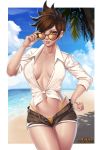  1girl beach border breasts brown_eyes brown_hair clouds cloudy_sky collared commentary cowboy_shot ear_piercing exlic front-tie_top highleg highleg_panties highres large_breasts long_sleeves navel ocean open_clothes open_fly open_shirt overwatch palm_tree panties piercing pink_lips shirt short_shorts shorts sky solo spiky_hair sunglasses tracer_(overwatch) tree underwear white_border white_shirt 