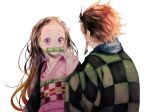  1boy 1girl black_hair brother_and_sister brown_hair earrings gradient_hair hair_ribbon haori japanese_clothes jewelry kamado_nezuko kamado_tanjirou kimetsu_no_yaiba kimono long_hair meguritekuruhi multicolored_hair obi pink_eyes pinky_swear ribbon sash scar scarf short_hair siblings simple_background upper_body violet_eyes white_background 