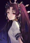  1girl bangs black_bow black_sailor_collar bow breasts brown_hair commentary_request earrings eyebrows_visible_through_hair fate/grand_order fate_(series) gradient gradient_background hair_bow highres hoop_earrings ishtar_(fate/grand_order) jewelry long_hair parted_bangs purple_background rabbit_(tukenitian) red_eyes sailor_collar school_uniform serafuku shirt short_sleeves small_breasts solo tiara two_side_up upper_body v-shaped_eyebrows very_long_hair white_shirt 