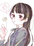  1girl bangs black_hair black_jacket blazer blush collared_shirt copyright_request flower hanataro_(sruvhqkehy1zied) holding holding_flower jacket long_hair long_sleeves parted_lips shirt simple_background solo thought_bubble upper_body white_background white_flower white_shirt 