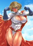  1girl artist_name blonde_hair blue_eyes blue_sky breasts cape cleavage cleavage_cutout closed_mouth clouds day dc_comics eyebrows_visible_through_hair highres large_breasts looking_at_viewer power_girl red_cape short_hair shourin_bonzu sky smile solo thighs 