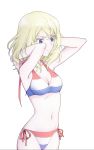  1girl adjusting_hair april_tada arms_up bangs bikini blonde_hair breasts cleavage closed_mouth commentary cowboy_shot eyelashes flag_print french_flag french_flag_bikini frown girls_und_panzer highres medium_breasts medium_hair messy_hair navel oshida_(girls_und_panzer) side-tie_bikini simple_background solo swimsuit white_background 