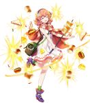  amagai_tarou bangs closed_eyes dress eyebrows_visible_through_hair fire_emblem fire_emblem_echoes:_mou_hitori_no_eiyuuou food full_body hair_ornament highres holding jenny_(fire_emblem) jewelry leg_up necklace nintendo official_art open_mouth pink_hair shoes short_dress short_hair sleeveless smile sparkle transparent_background 