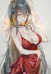  1girl ;) absurdres alcohol azur_lane black_hair breasts champagne champagne_flute choker cleavage collarbone cup dress drinking_glass eyebrows_visible_through_hair grey_background hair_between_eyes hair_ornament highres hong large_breasts long_hair looking_at_viewer one_eye_closed red_choker red_dress red_eyes sleeveless sleeveless_dress smile solo taihou_(azur_lane) taihou_(forbidden_feast)_(azur_lane) very_long_hair 