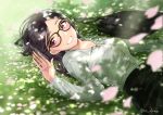  1girl bag bangs black_hair black_skirt blurry blurry_foreground blush breasts collarbone commentary_request dappled_sunlight depth_of_field eyebrows_visible_through_hair forehead glasses grass grin hand_up long_hair looking_to_the_side lying medium_breasts miyabi_akino office_lady on_back on_grass original parted_bangs pencil_skirt petals shirt shoulder_bag skirt smile solo sunlight teeth twitter_username violet_eyes white_shirt 