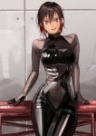  1girl arm_support bodysuit brown_eyes brown_hair covered_navel gimp_suit hair_between_eyes highres kilye_4421 latex_bodysuit legs_crossed original short_hair skin_tight tongue wall 