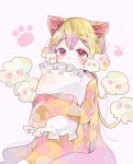  1girl animal_ears bangs blonde_hair blush cat_day cat_ears copyright_request eyebrows_visible_through_hair frilled_pillow frills gradient_hair hanataro_(sruvhqkehy1zied) highres holding holding_pillow long_hair long_sleeves multicolored_hair object_hug pillow pink_eyes purple_background purple_hair sleeves_past_wrists solo upper_body very_long_hair 