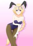  1girl animal_ears bare_arms bare_shoulders blonde_hair blush braid breasts bunny_girl bunnysuit cleavage collarbone commentary_request fate/grand_order fate_(series) feet_out_of_frame headpiece highres jeanne_d&#039;arc_(fate) jeanne_d&#039;arc_(fate)_(all) kashiwagi leaning_forward long_hair looking_at_viewer medium_breasts pantyhose rabbit_ears single_braid smile solo standing sweatdrop very_long_hair violet_eyes wrist_cuffs 