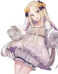  1girl abigail_williams_(fate/grand_order) akieda alternate_costume bangs black_bow blonde_hair blue_eyes blush bow collarbone commentary_request dress fate/grand_order fate_(series) frills hair_bow hair_ornament highres long_hair long_sleeves looking_at_viewer no_nose orange_bow parted_bangs simple_background sleeves_past_fingers sleeves_past_wrists solo white_background white_dress 