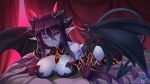  1girl bare_shoulders black_sclera blue_skin breasts commentary demon_(monster_girl_encyclopedia) demon_girl demon_horns demon_tail demon_wings english_commentary fingernails hair_between_eyes horns large_breasts long_hair looking_at_viewer lying monster_girl monster_girl_encyclopedia on_stomach pointy_ears purple_hair red_eyes sharp_fingernails slit_pupils smile solo tail tattoo thanabis thigh-highs wings 