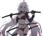  1girl ahoge bangs bikini black_bikini black_choker black_gloves black_jacket breasts choker closed_mouth cowboy_shot eyebrows_visible_through_hair fate/grand_order fate_(series) gloves hair_between_eyes highres holding holding_sword holding_weapon jacket jeanne_d&#039;arc_(alter_swimsuit_berserker) jeanne_d&#039;arc_(fate)_(all) katana long_hair long_sleeves looking_at_viewer medium_breasts navel o-ring o-ring_top open_clothes open_jacket over_shoulder simple_background smile solo swimsuit sword thigh_strap tonee upper_body very_long_hair weapon weapon_over_shoulder white_background white_hair yellow_eyes 
