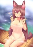  1girl animal_ears artist_name bangs bare_arms bare_shoulders blush breasts brown_hair cleavage collarbone commentary double_v eyebrows_visible_through_hair fang feet_out_of_frame hair_between_eyes hands_up heart imaizumi_kagerou kazu-koto large_breasts long_hair looking_at_viewer naked_towel one_eye_closed onsen open_mouth red_eyes revision sitting solo spoken_heart steam tail thighs touhou towel v very_long_hair wolf_ears wolf_tail 