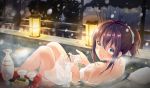  1girl alcohol bare_tree blue_scrunchie blush breasts brown_hair choko_(cup) cleavage collarbone commentary_request covering cup food hair_ornament hair_scrunchie highres knees_up lantern looking_at_viewer looking_to_the_side medium_breasts night nude_cover onsen original outdoors parted_lips partially_submerged ponytail sake scrunchie shiro_kuma_shake sidelocks snow snowing solo steam tokkuri towel tray tree water wet 