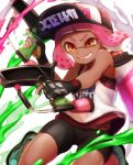  1girl bangs baseball_cap basketball_jersey bike_shorts black_gloves black_headwear black_shorts blunt_bangs commentary dark_skin domino_mask fingerless_gloves gloves green_footwear grin hat highres ink_tank_(splatoon) inkling jumping logo looking_at_viewer mask mimimi_(echonolog) orange_eyes paint_splatter pink_hair pointy_ears sharp_teeth shirt shoes short_hair shorts smile solo splat_dualies_(splatoon) splatoon splatoon_(series) splatoon_2 standing teeth tentacle_hair v-shaped_eyebrows white_background white_shirt 