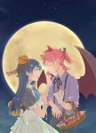  2girls bandage bandaged_arm bandages bangs bat_wings blue_hair blush candy commentary_request eris.y_(7hai) eyebrows_visible_through_hair feeding food full_moon hair_between_eyes halloween halloween_costume hat holding long_hair looking_at_another love_live! love_live!_school_idol_project maid mini_hat moon multiple_girls night nishikino_maki pumpkin redhead scar smile sonoda_umi violet_eyes wings yellow_eyes 