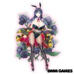  1girl animal_ears bangs bare_shoulders black_baccara_(flower_knight_girl) black_flower black_legwear black_rose breasts bunnysuit cleavage copyright_name dmm flower flower_knight_girl full_body hair_ornament large_breasts long_hair looking_at_viewer official_art open_mouth pale_skin purple_hair rabbit_ears rose sash smile solo standing tagme violet_eyes white_background 