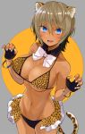  1girl :d animal_ears animal_print bangs bare_shoulders bikini black_bikini_bottom black_gloves blue_eyes blush bow bowtie bracelet breasts brown_hair claw_pose cleavage copyright_request cowboy_shot dark_skin detached_collar fingerless_gloves fur-trimmed_skirt gloves gomashi_(goma) hair_between_eyes highres jewelry large_breasts leopard_ears leopard_print leopard_tail looking_at_viewer mismatched_bikini nail_polish navel open_mouth original print_bikini short_hair showgirl_skirt smile solo stomach swimsuit tail two-tone_background under_boob v-shaped_eyebrows white_bow white_nails white_neckwear 